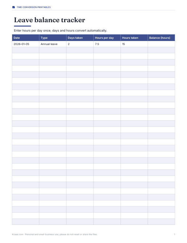 Preview of Days to Hours Leave Tracker